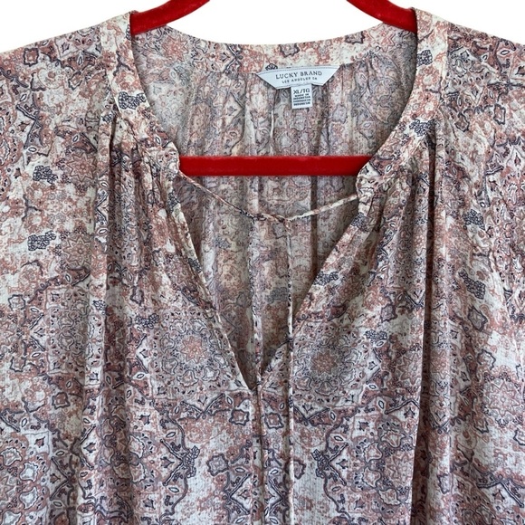 Lucky Brand Pastel Pink Boho Printed Peasant Blouse w Tie Flowy Lightweight XL - Picture 3 of 16